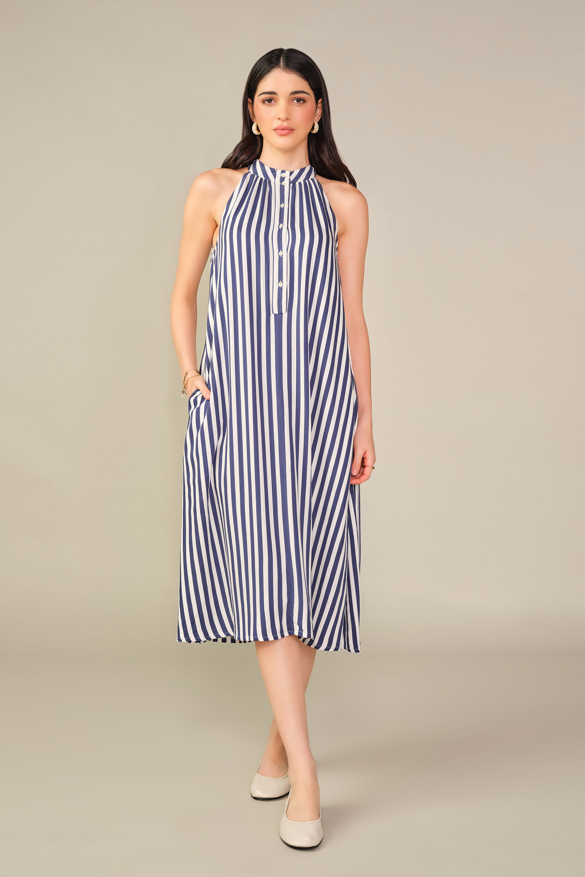 Striped Halter Maxi Dress in Blue